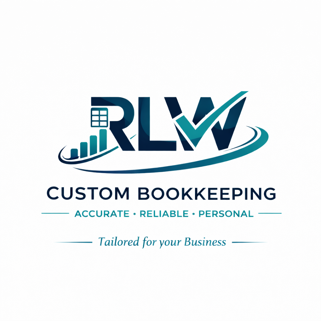 Logo for RLV Custom Bookkeeping with a graph and check mark, promoting accurate, reliable, personal services tailored for business.