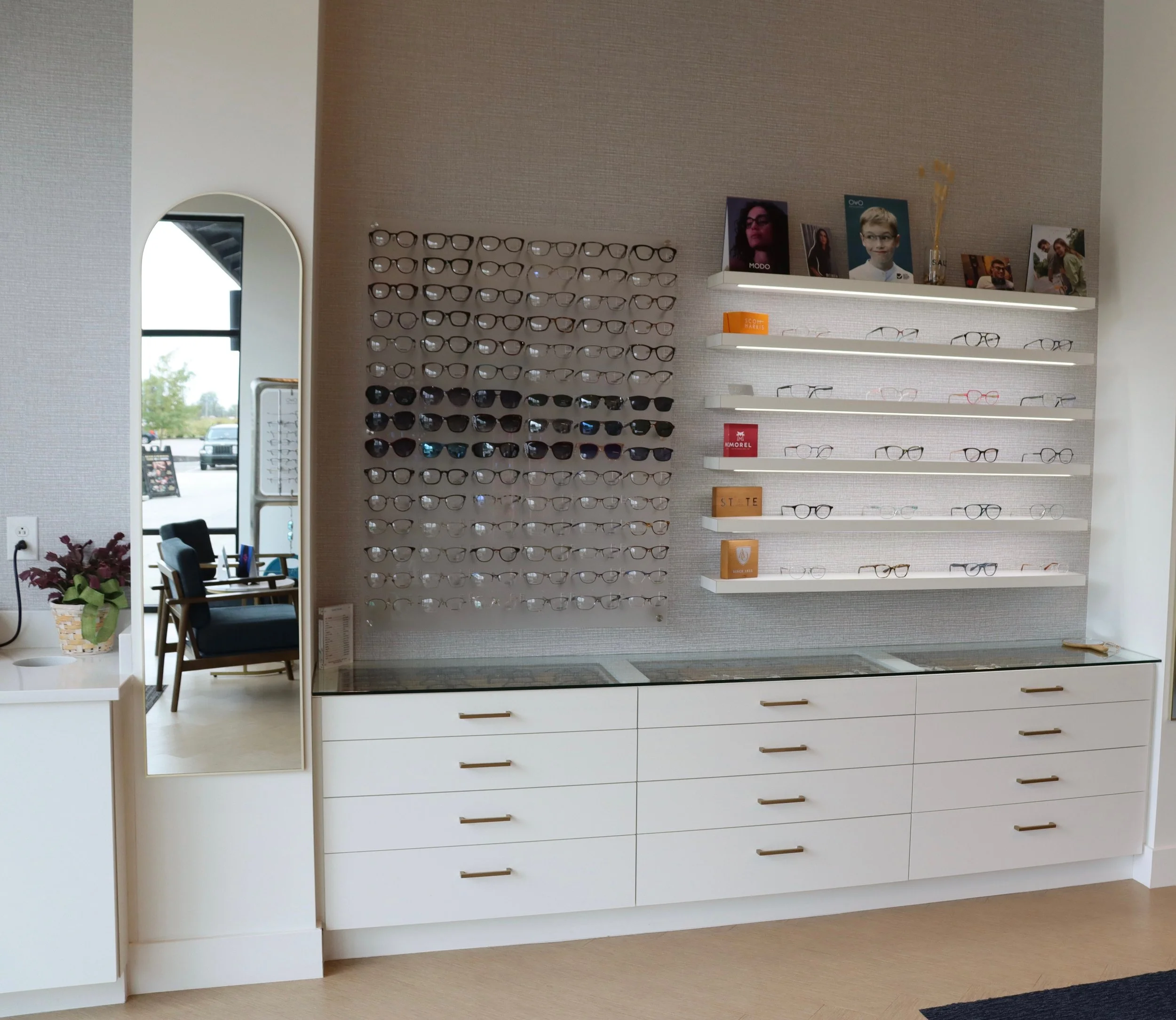 Independent Eyewear optical showroom at Hoffman Eyecare featuring Morel, Ovvo, STATE, SALT, and other independent frame brands in Westfield, IN