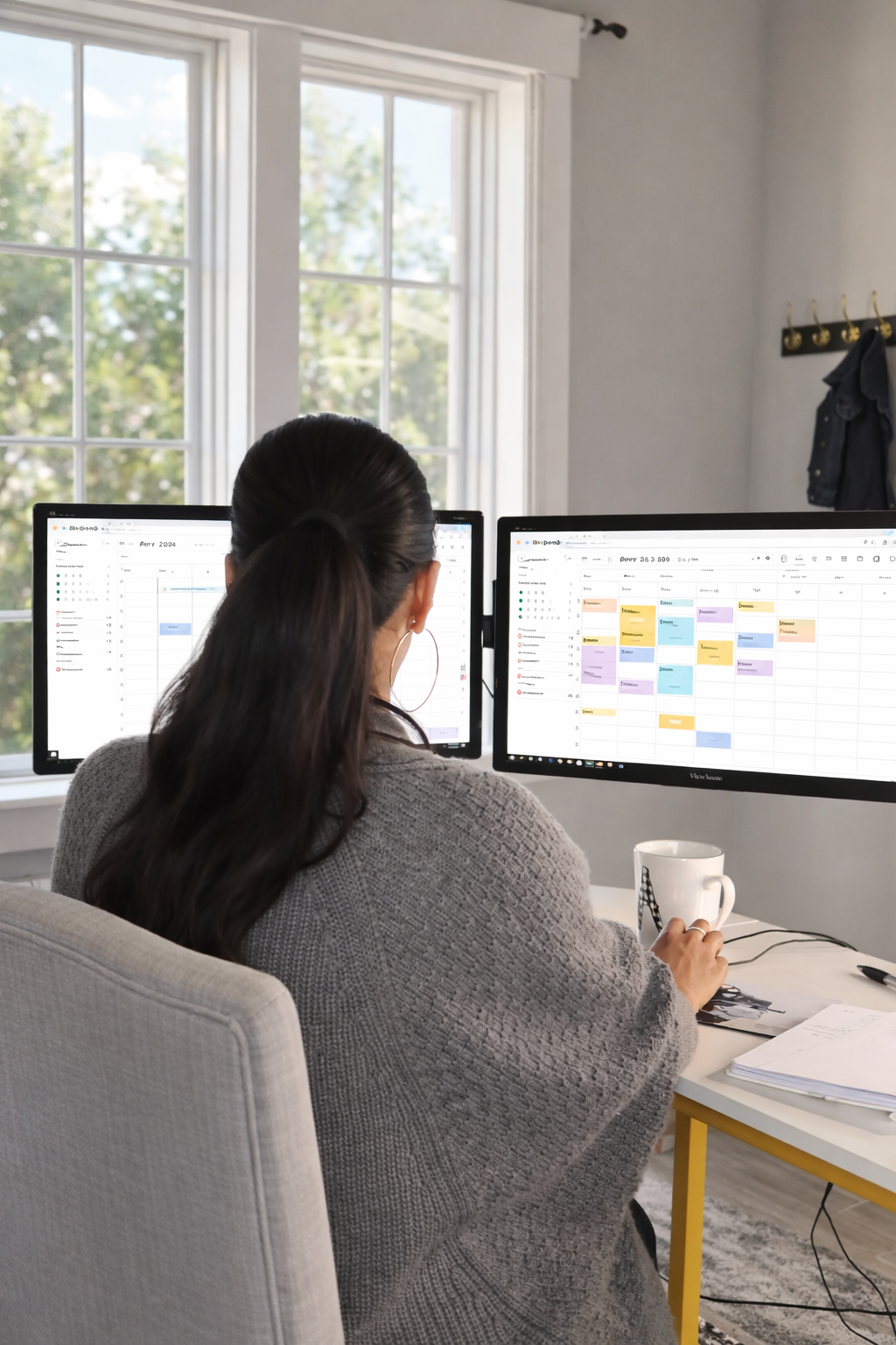 Woman with dark hair tied back, sitting at a white desk with dual monitors displaying a digital calendar, a coffee mug, papers, and pens.