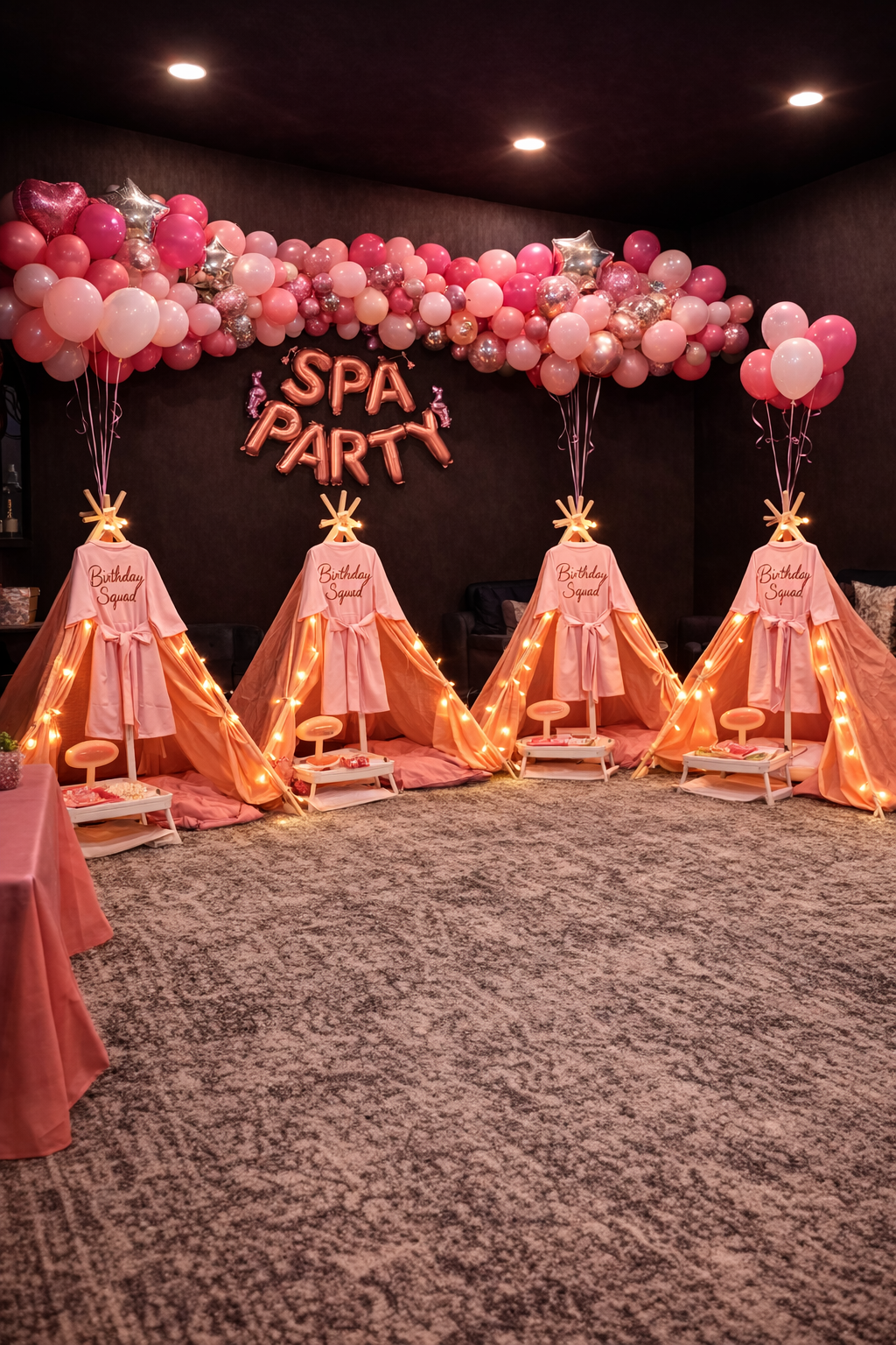 A pink and peach themed spa birthday party setup with four small tents labeled 'Birthday Squad,' decorated with string lights, balloons in various pink and metallic shades, and a balloon arch with the words 'Spa Party' on a black wall.