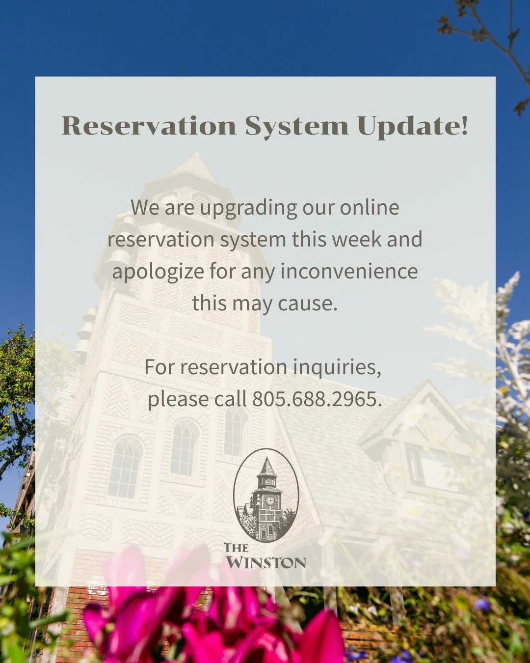 Quick heads up! We&rsquo;re upgrading our online reservation system this week to better serve our guests.

For reservations during this time, please call us directly at 805.688.2965 and our team will be happy to help you book your stay or answer any 