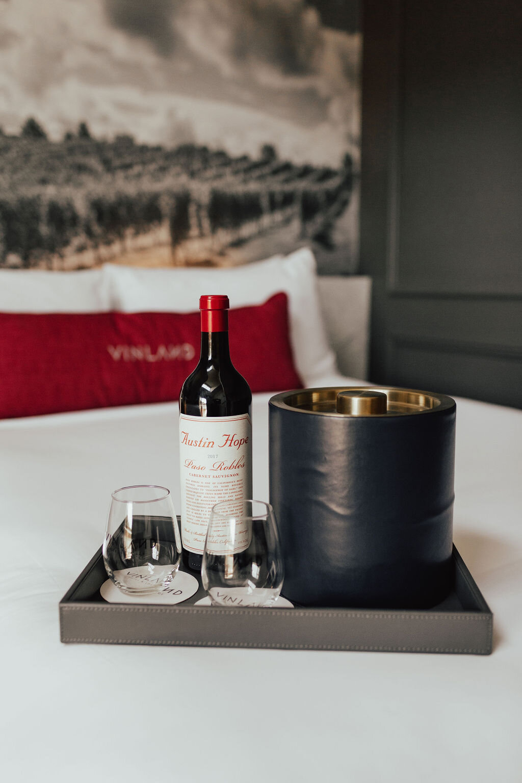 Wine Amenity on Bed at Vinland