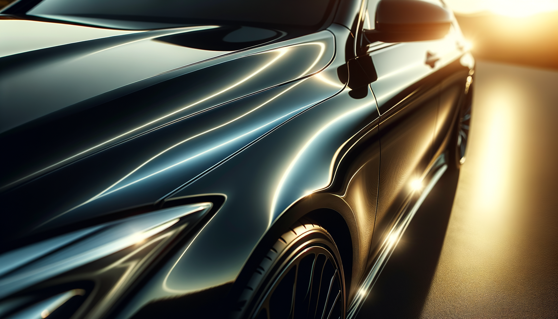 Close-up of a sleek black luxury car with reflections on its shiny surface, illuminated by warm sunset light.