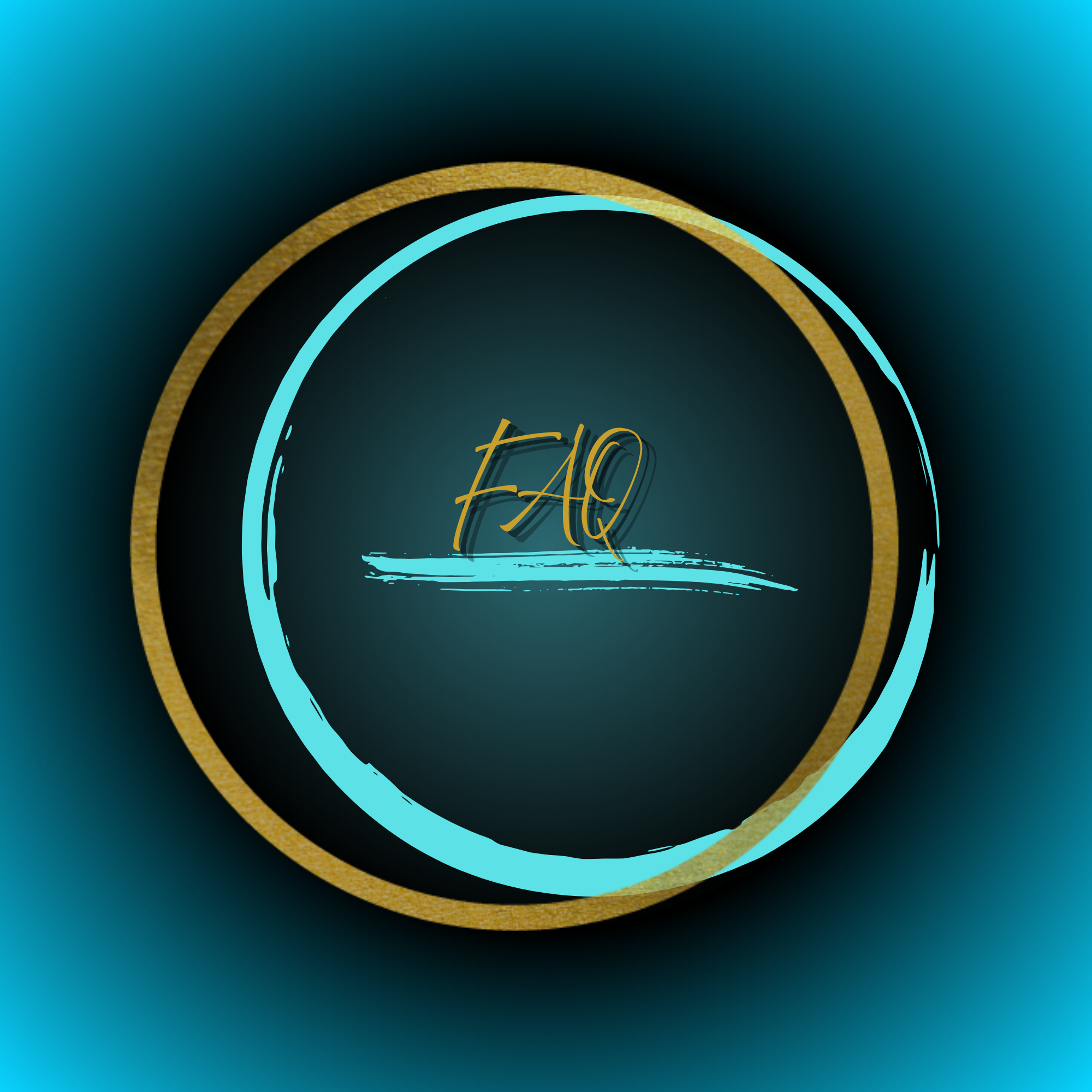 Graphic design with concentric circles, gold and turquoise colors, and stylized text reading 'FAQ' on a dark gradient background.