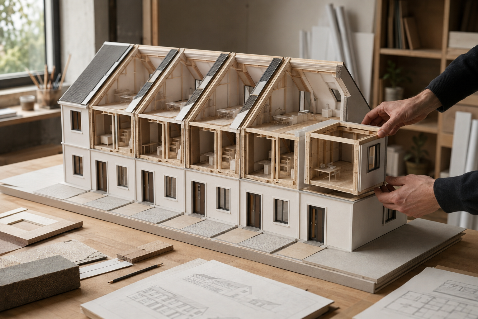 Architekturmodell eines modernen Mehrfamilienhauses in Holzbauweise