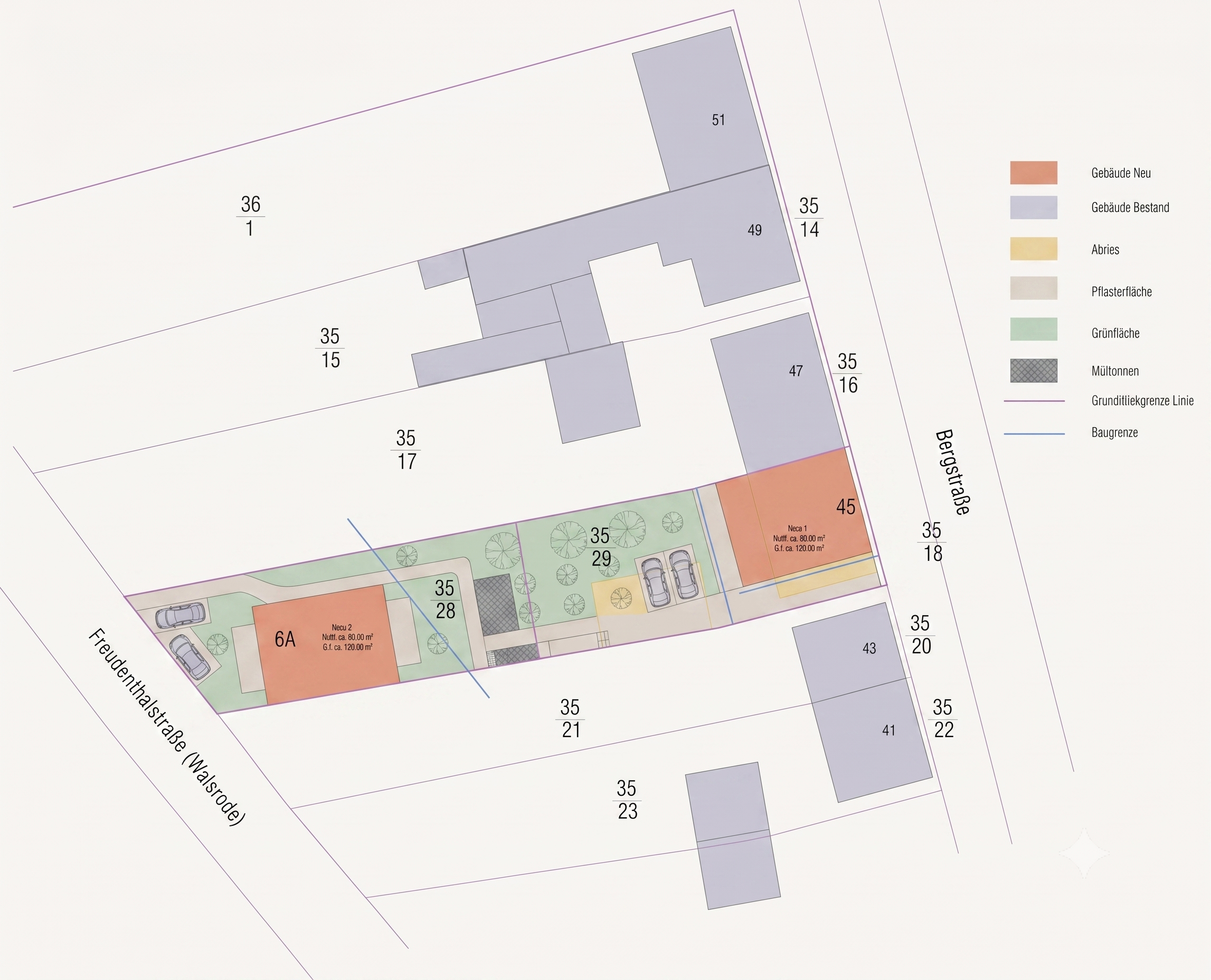 Lageplan des Wohnensembles Bergstraße in Walsrode mit Gebäudeanordnung und Außenanlagen