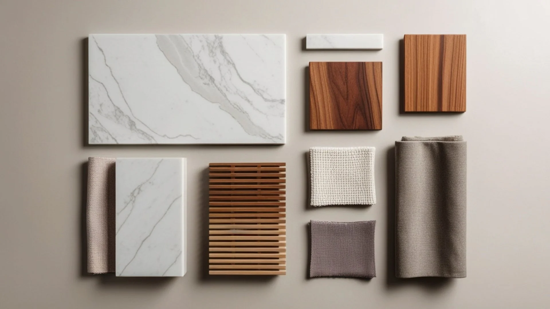 Materialkonzept mit Holz, Naturstein und Textilien für die Innenarchitektur