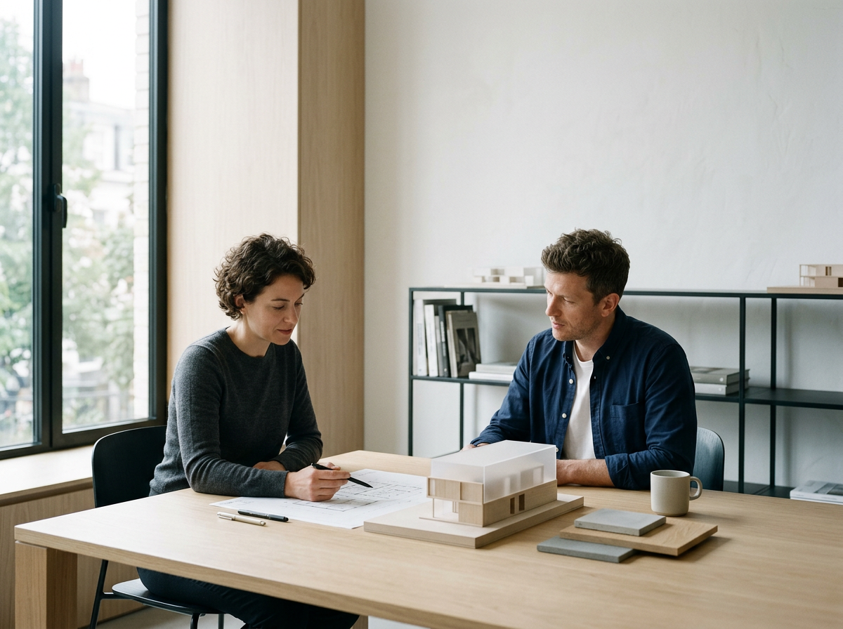 Architekten besprechen ein Gebäudemodell während der gemeinsamen Projektplanung