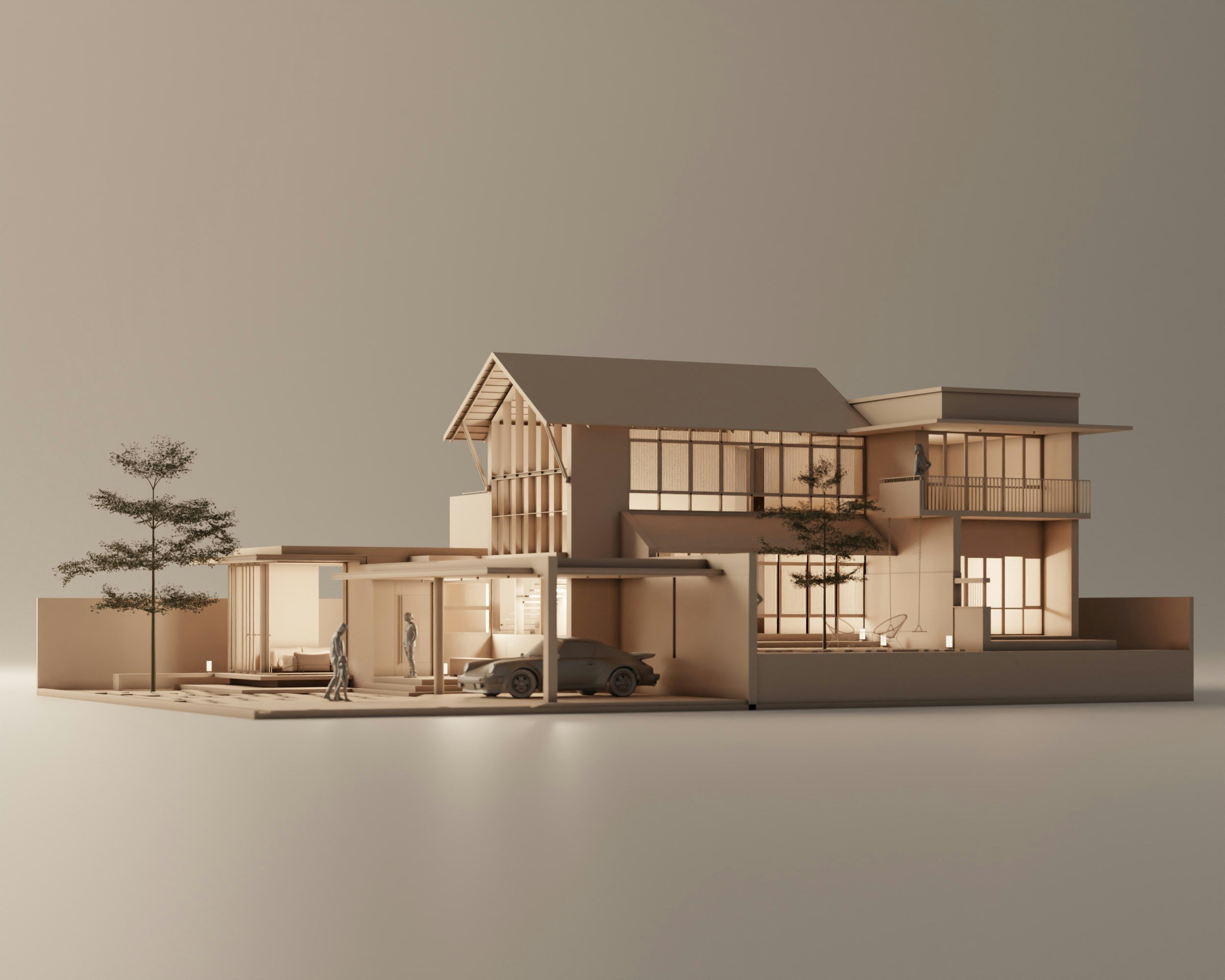 Architekturentwurf eines modernen mehrgeschossigen Gebäudes mit Holztragwerk und großen Glasflächen