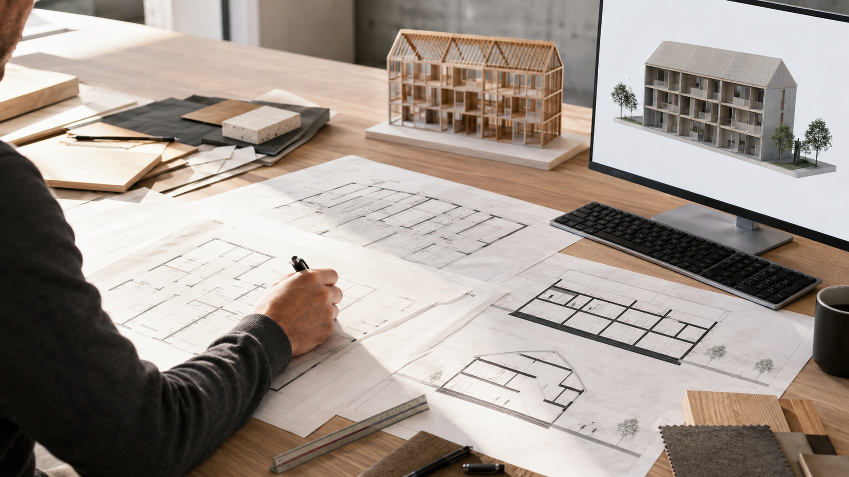 Architekturarbeitsplatz mit Bauplänen, Holzhausmodell und 3D-Visualisierung
