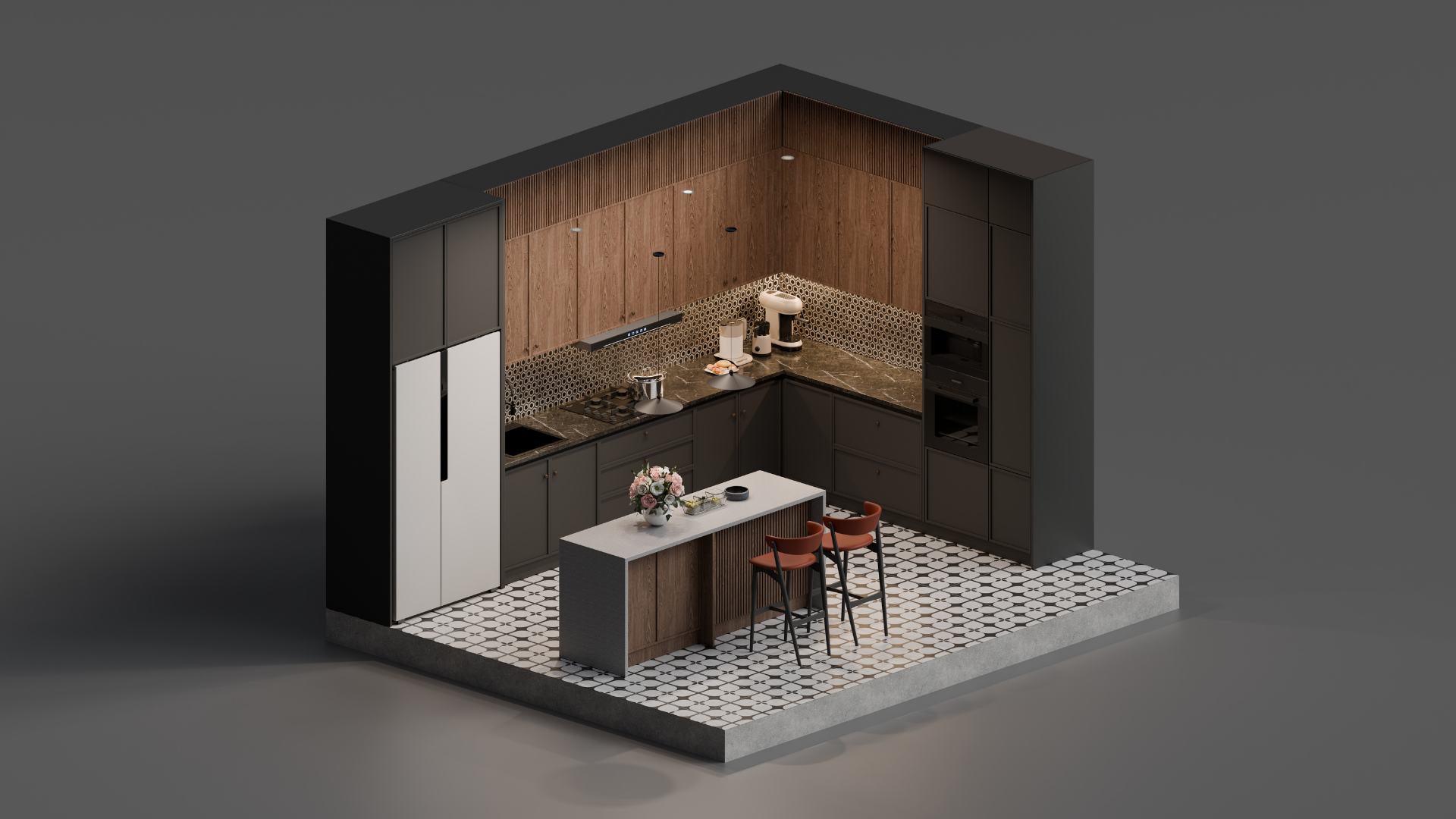Küchenraum mit dunklen Unterschränken, schwarzen Oberflächen, einer weißen Kühl-Gefrierkombination, einem kleinen Tisch mit Blumen, zwei roten Stühlen, Wandverkleidung aus Holz, geometrischer Fliesenboden, Küchenutensilien auf der Arbeitsplatte.