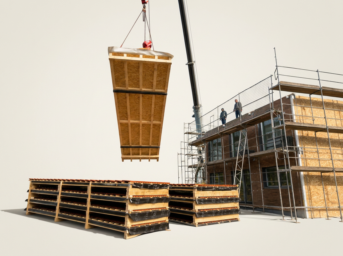 Kranmontage eines vorgefertigten Holzmoduls auf der Baustelle