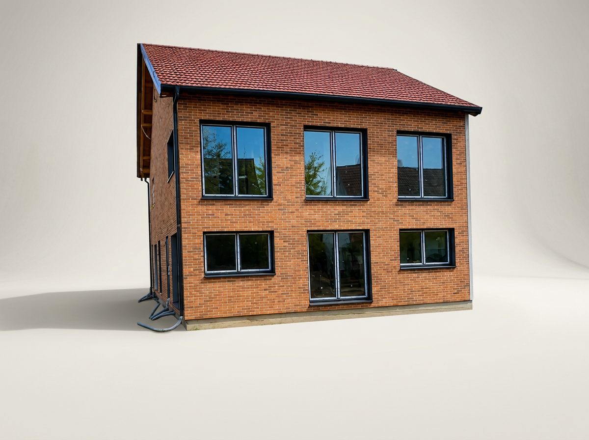 Fertiggestelltes zweigeschossiges Modulhaus mit roter Ziegelfassade und Satteldach