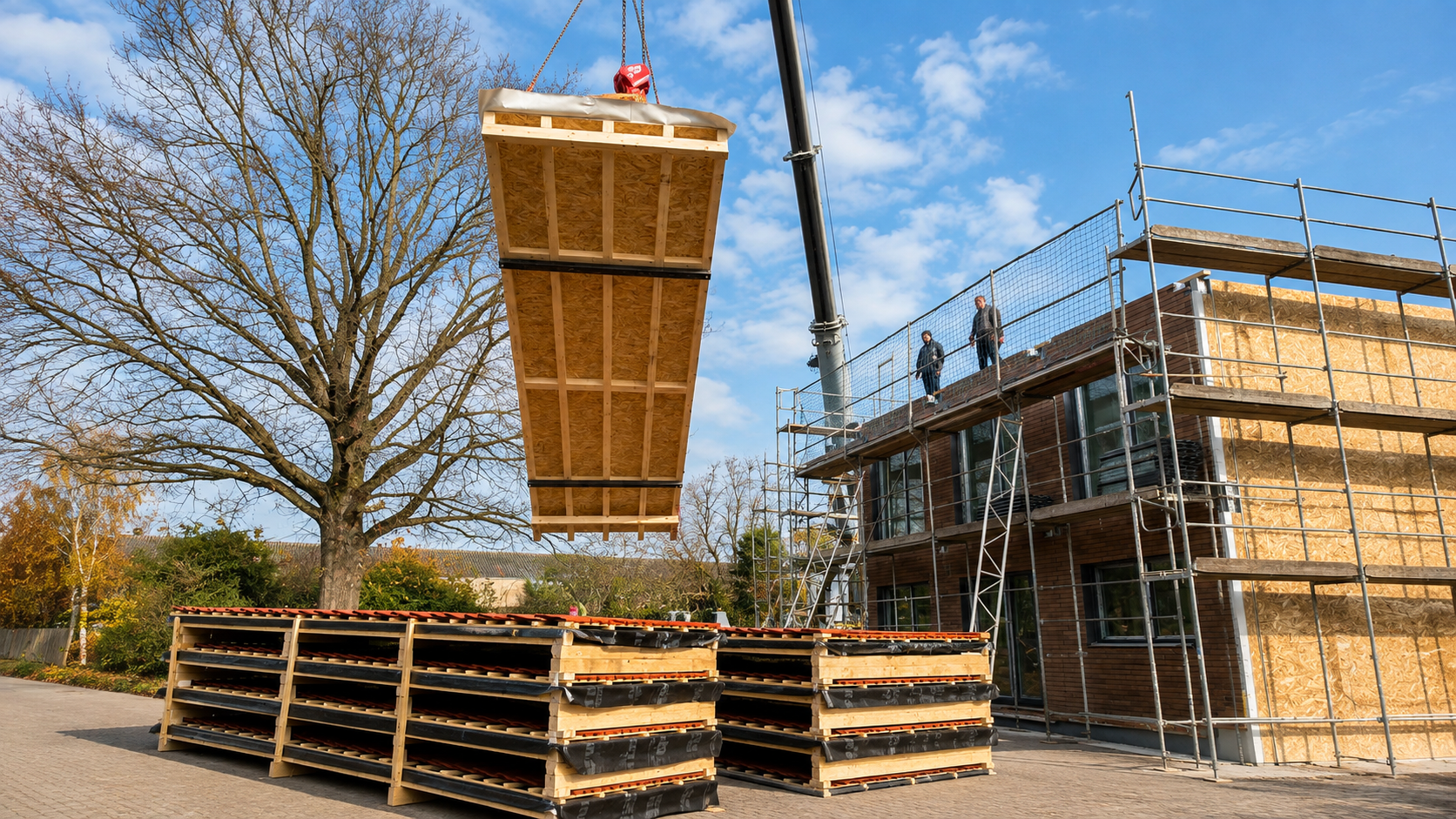 Montage vorgefertigter Bauelemente beim Wohnensemble Bergstraße in Walsrode