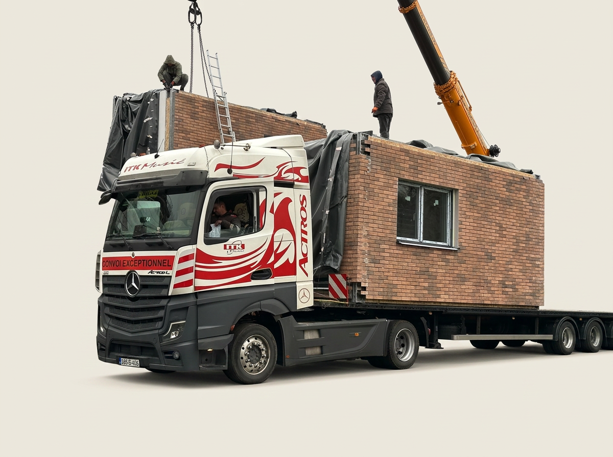 Transport eines vorgefertigten Hausmoduls mit einem Spezial-Lkw