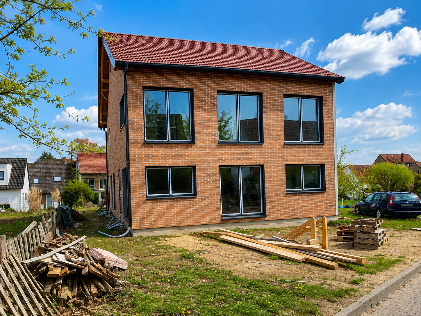 Fertiggestellte Gebäudeansicht des Wohnensembles Bergstraße in Walsrode mit Klinkerfassade