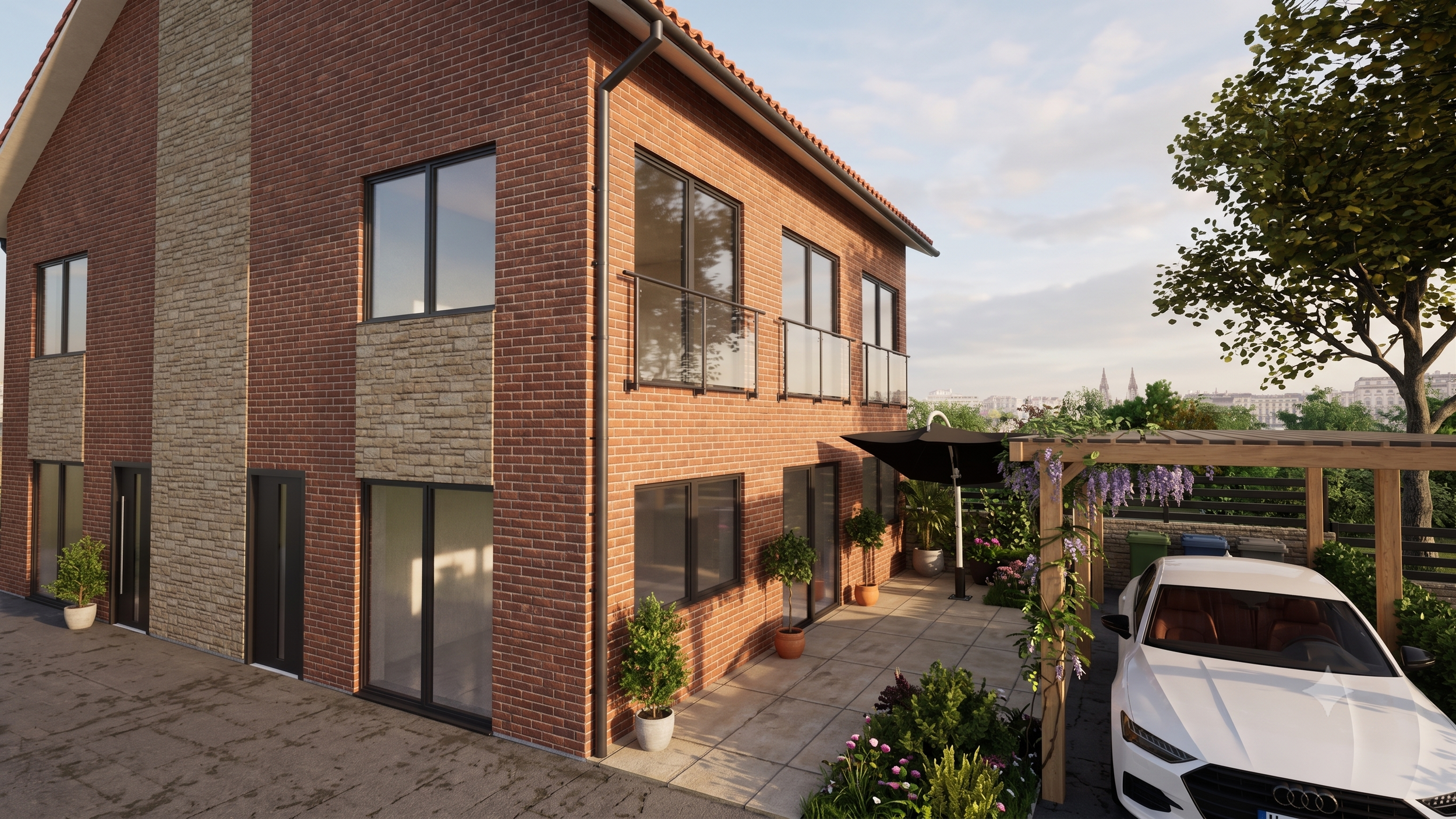 Architekturvisualisierung des Wohnensembles Bergstraße in Walsrode mit moderner Klinkerfassade und Satteldach