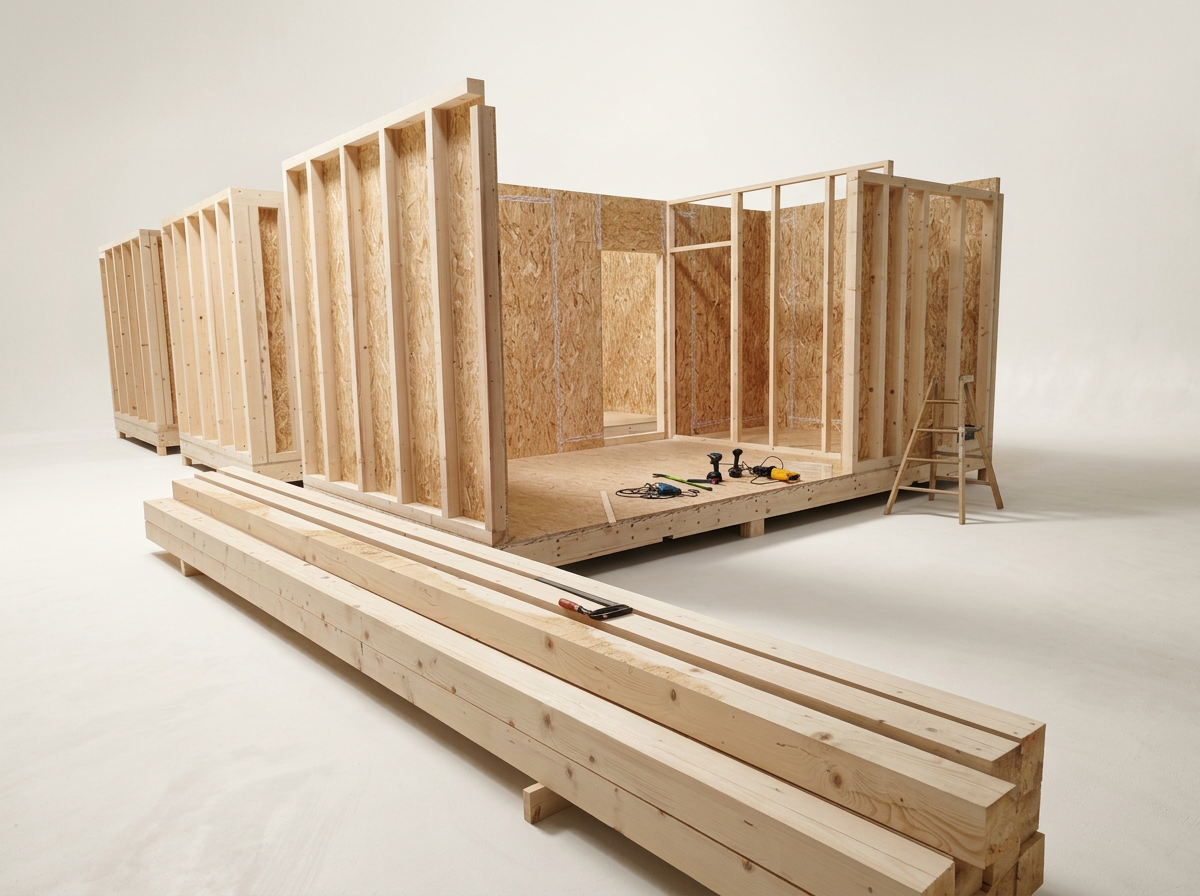 Montage der Holzrahmenkonstruktion eines vorgefertigten Hausmoduls