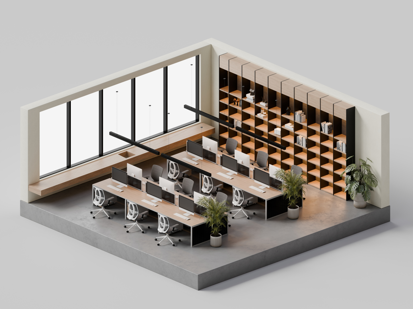 Modernes Büro mit sechs Arbeitsplätzen, großen Fenstern, Bücherregal und Pflanzen.