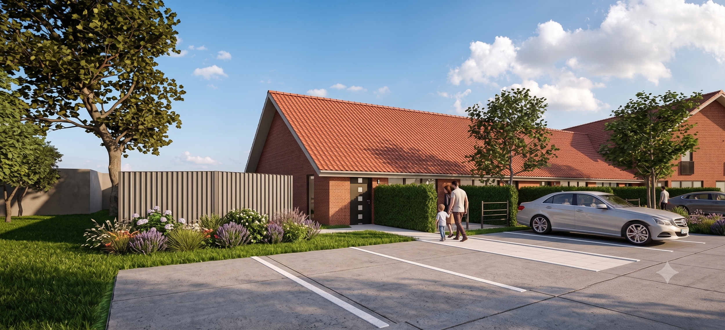 3D-Außenansicht der Wohnanlage Hützeler Damm in Bispingen mit Zufahrt, Stellplätzen und moderner Fassadengestaltung