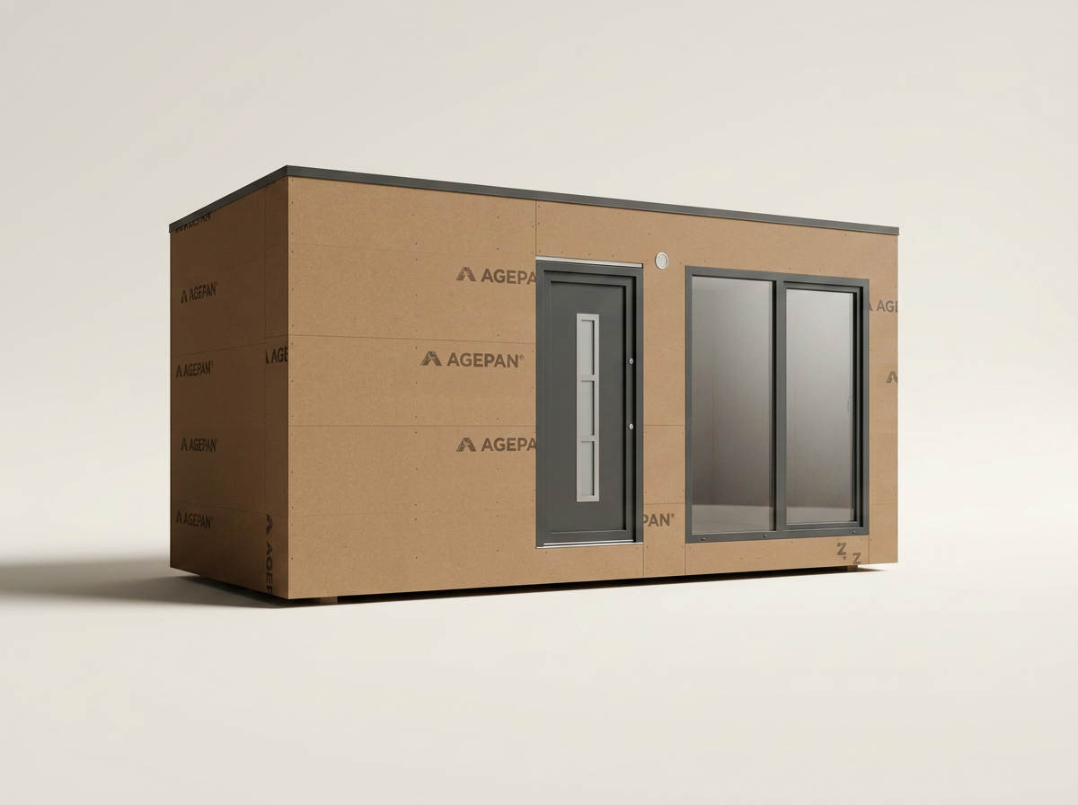 Kompaktes Hausmodul mit gedämmter Außenhülle und eingebauten Fenstern