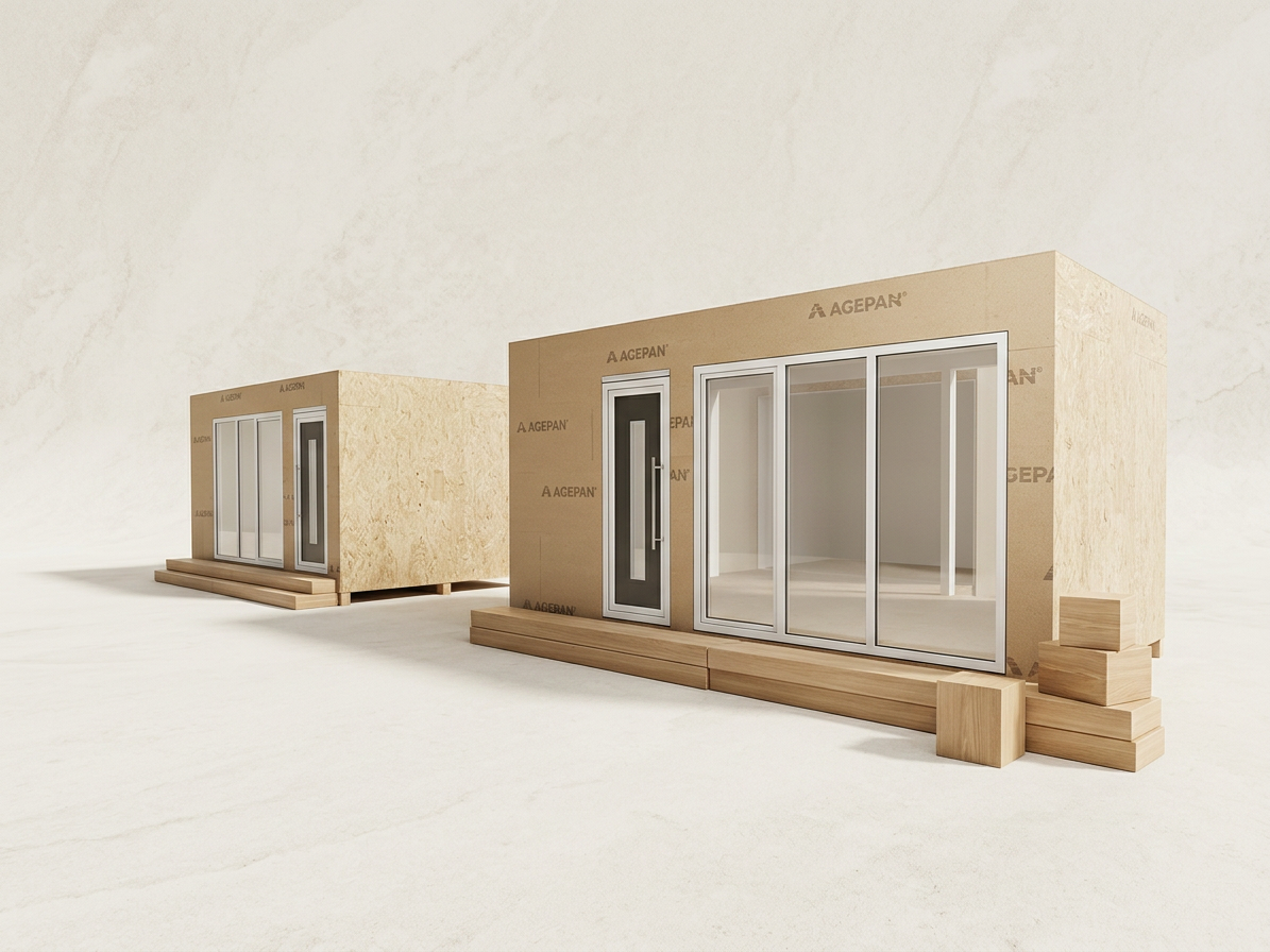 Vorgefertigte Holzmodule mit eingebauten Fenstern und Glasschiebetüren