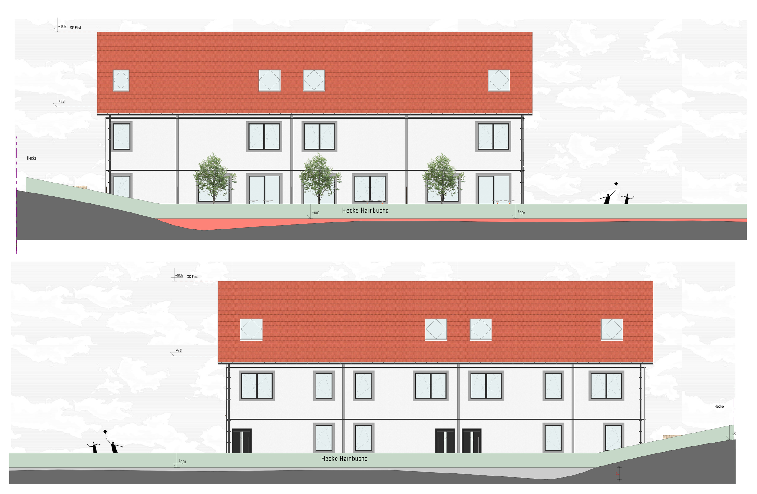 Fassadenansichten des Mehrfamilienhauses Stöteroggestraße in Lüneburg mit rotbrauner Dacheindeckung