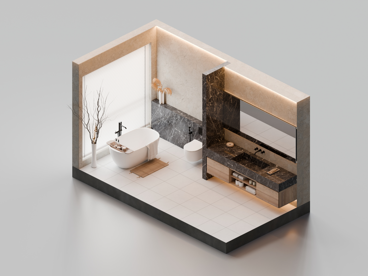 Modernes Badezimmer mit freistehender Badewanne, Toilette, Waschtisch mit dunklem Marmor, Spiegel und Dekorationen in neutralen Tönen.