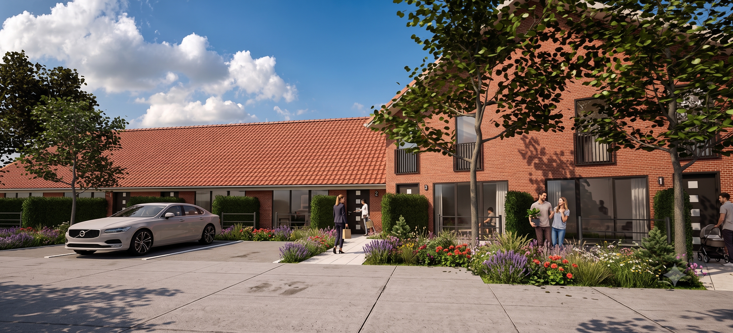 3D-Visualisierung der Wohnanlage Hützeler Damm in Bispingen mit Klinkerfassade, Satteldach und begrüntem Außenbereich