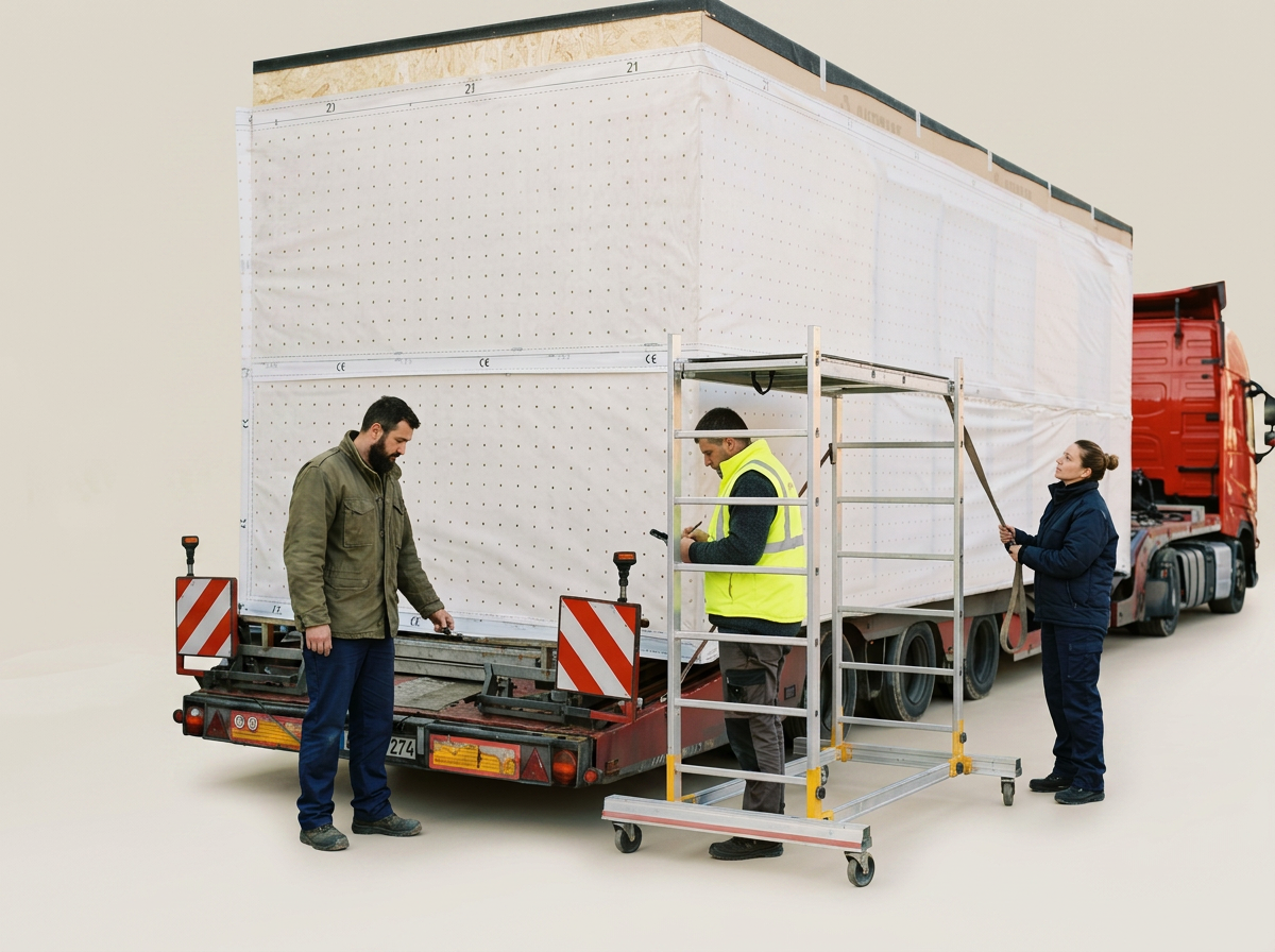 Vorbereitung eines wettergeschützten Hausmoduls für den Transport zur Baustelle
