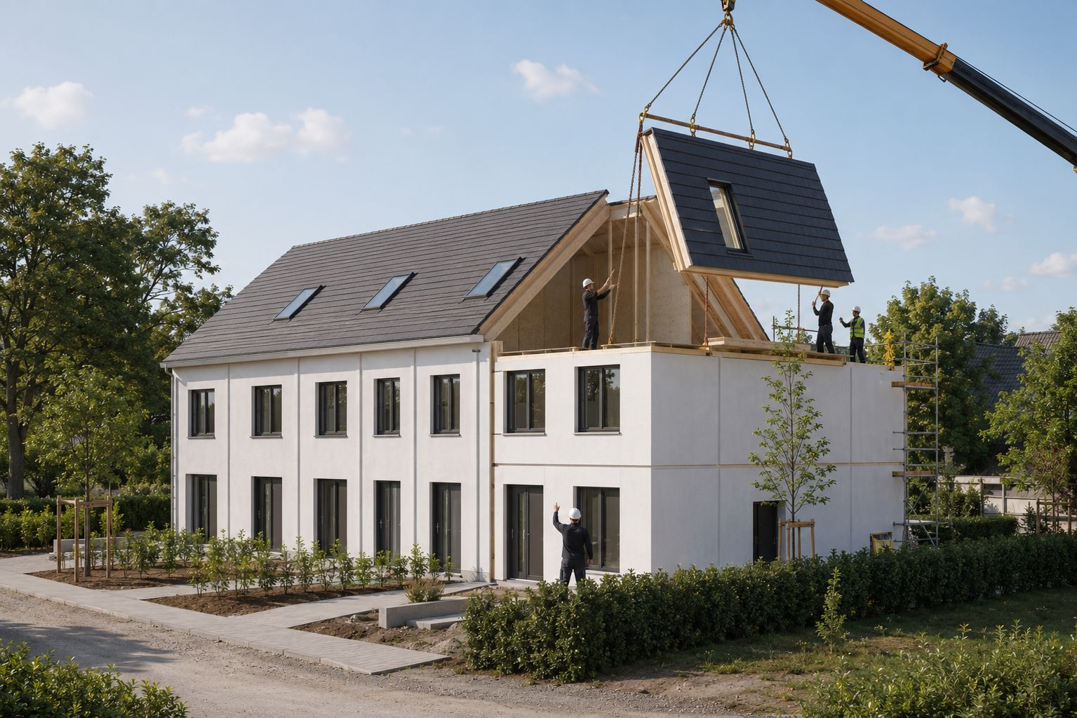 Kranmontage eines vorgefertigten Dachgeschossmoduls auf einem Wohnhaus