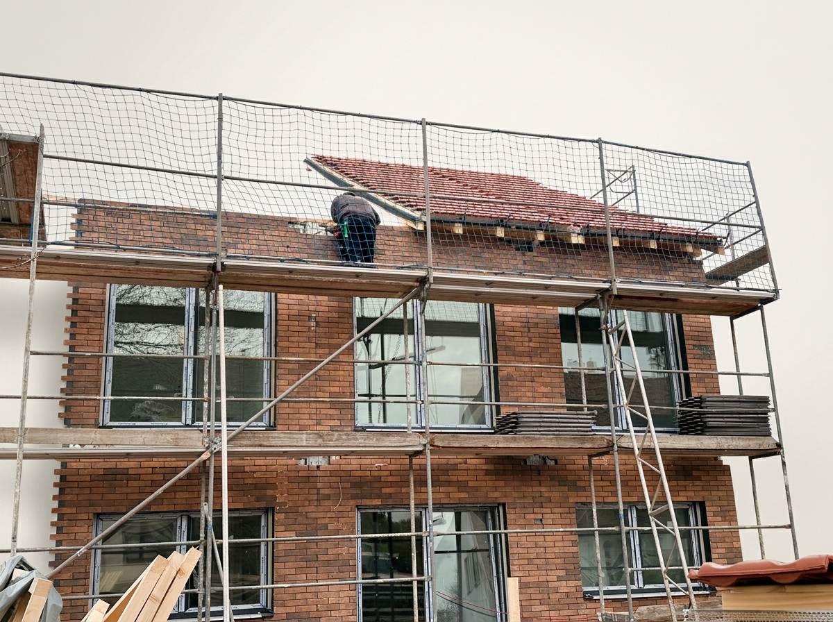 Montage des vorgefertigten Dachgeschosses eines modularen Wohnhauses