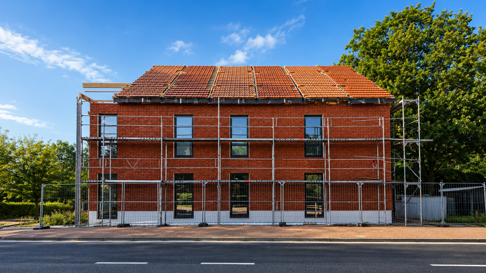 Baufortschritt der Wohnanlage Hützeler Damm in Bispingen mit Klinkerfassade und laufenden Ausbauarbeiten