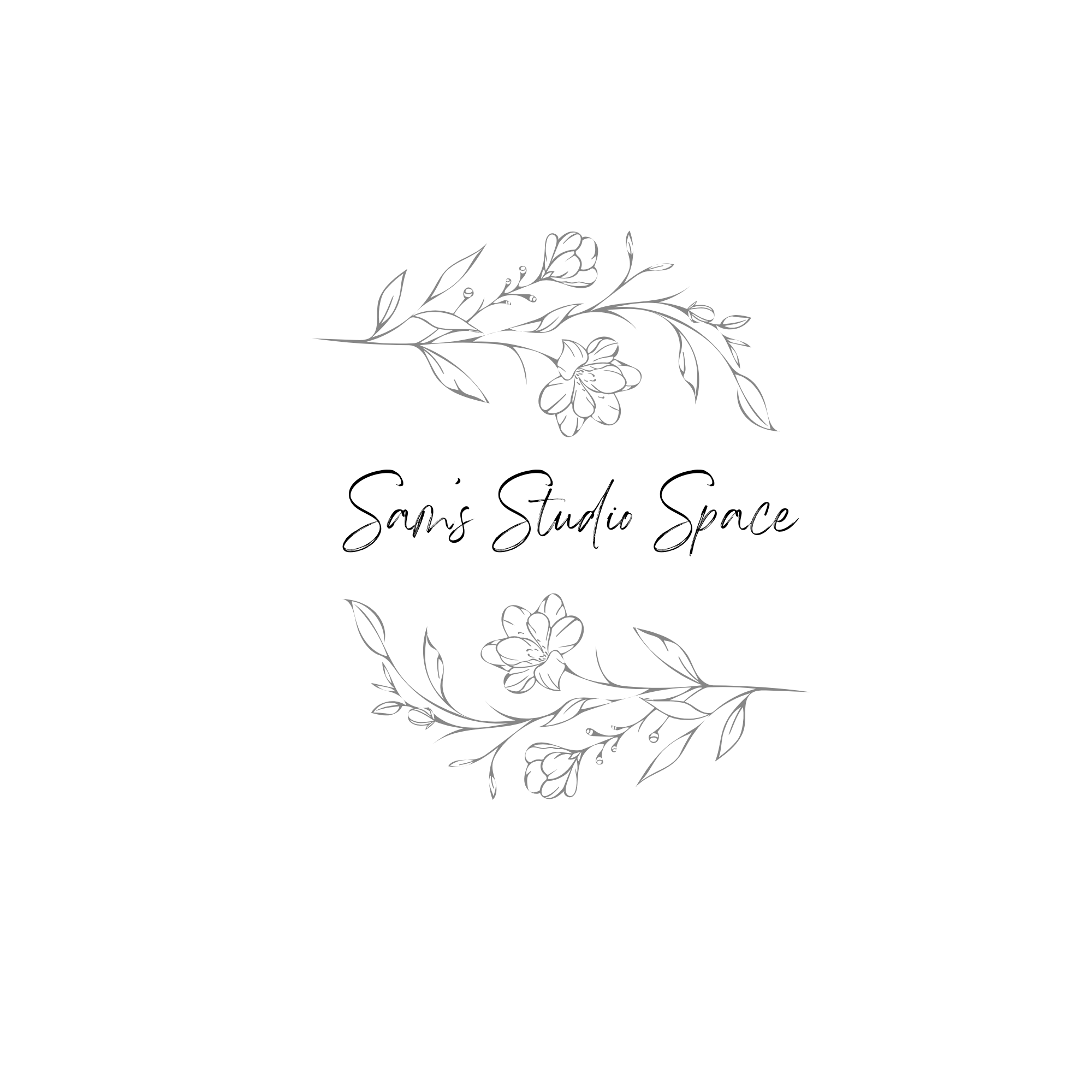 Elegant white wedding invitation with floral border and the text "Sans Studio Space" in cursive.