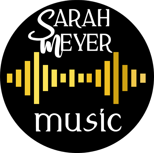 Design with the text 'Sarah Meyer Music' and a yellow sound wave graphic on a black background.