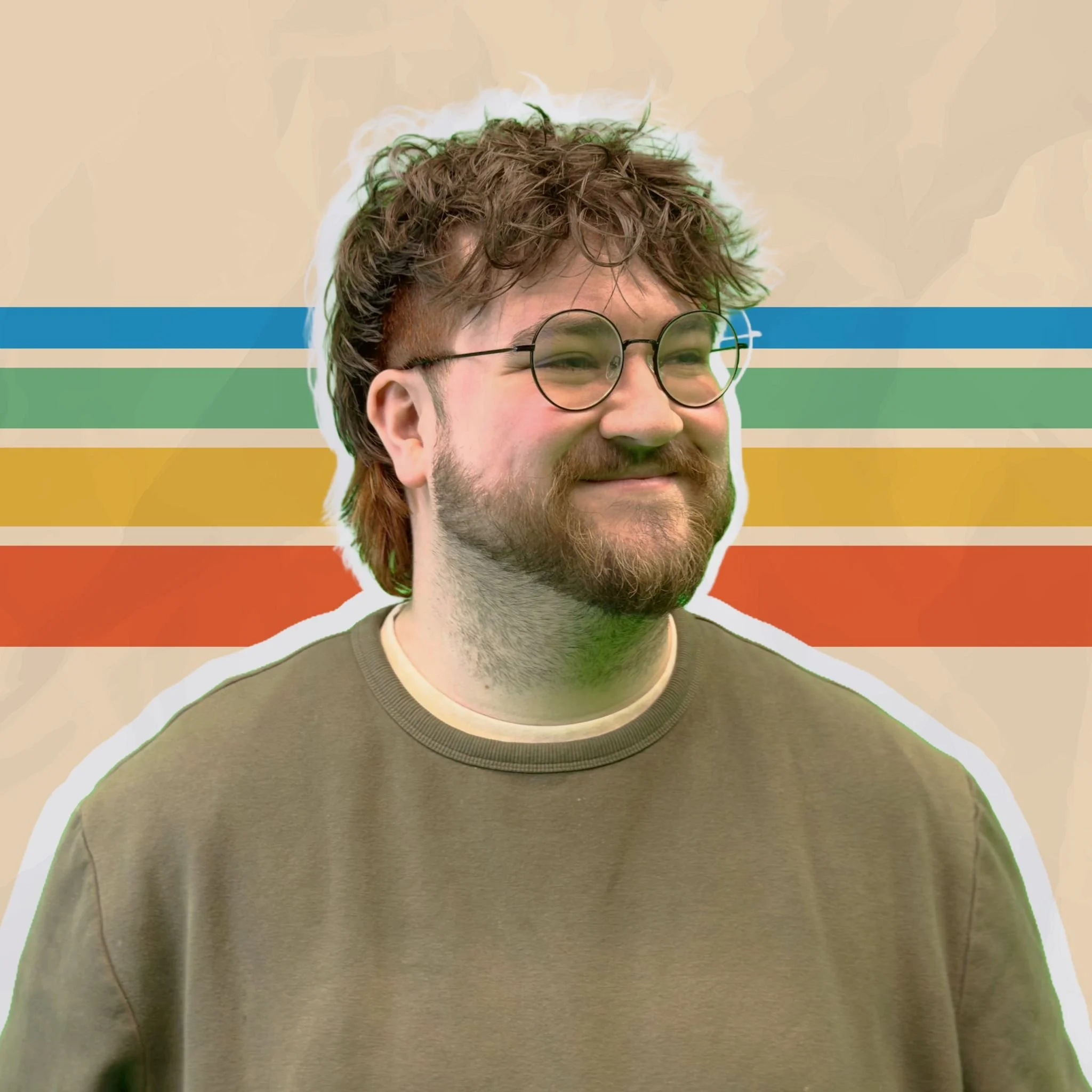 Close-up of a person with curly brown hair, wearing round sunglasses, smiling, against a colorful striped background.