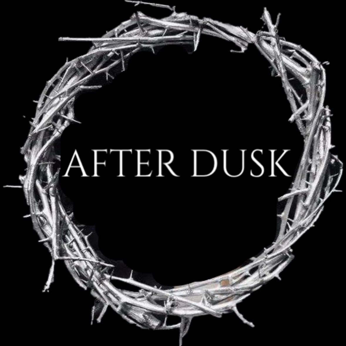 A black background with a silver thorny wreath encircling the words 'After Dusk' in white font.