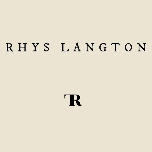 Text reading 'Rhys Langton' with a large letter 'R' underneath on a beige background.