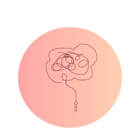 A red circle with a black, tangled, sketch-like thought bubble inside.