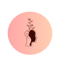 Outline of a human head with a plant growing from the top, symbolizing growth or mental development, set against a circular orange background.