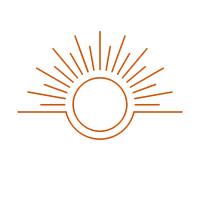 Stylized circular sunburst logo with lines radiating outward in orange.