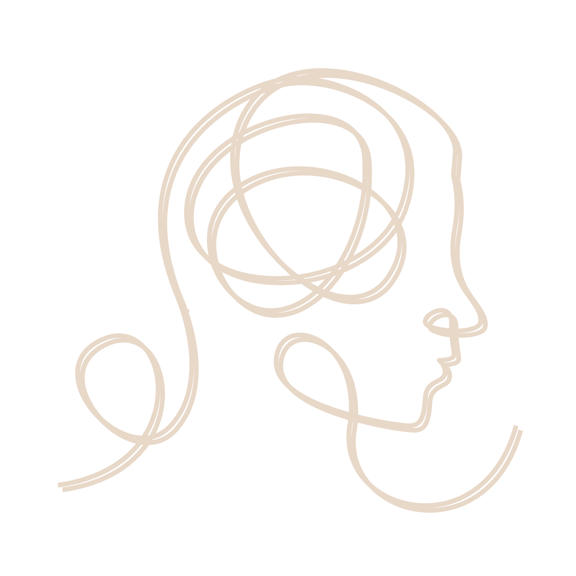Line art illustration of a human profile with a brain depiction and overlapping circles, on a black background.