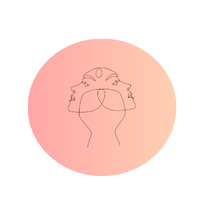 A simple line drawing of a human head with a crown or laurel wreath around it, inside a red circle.