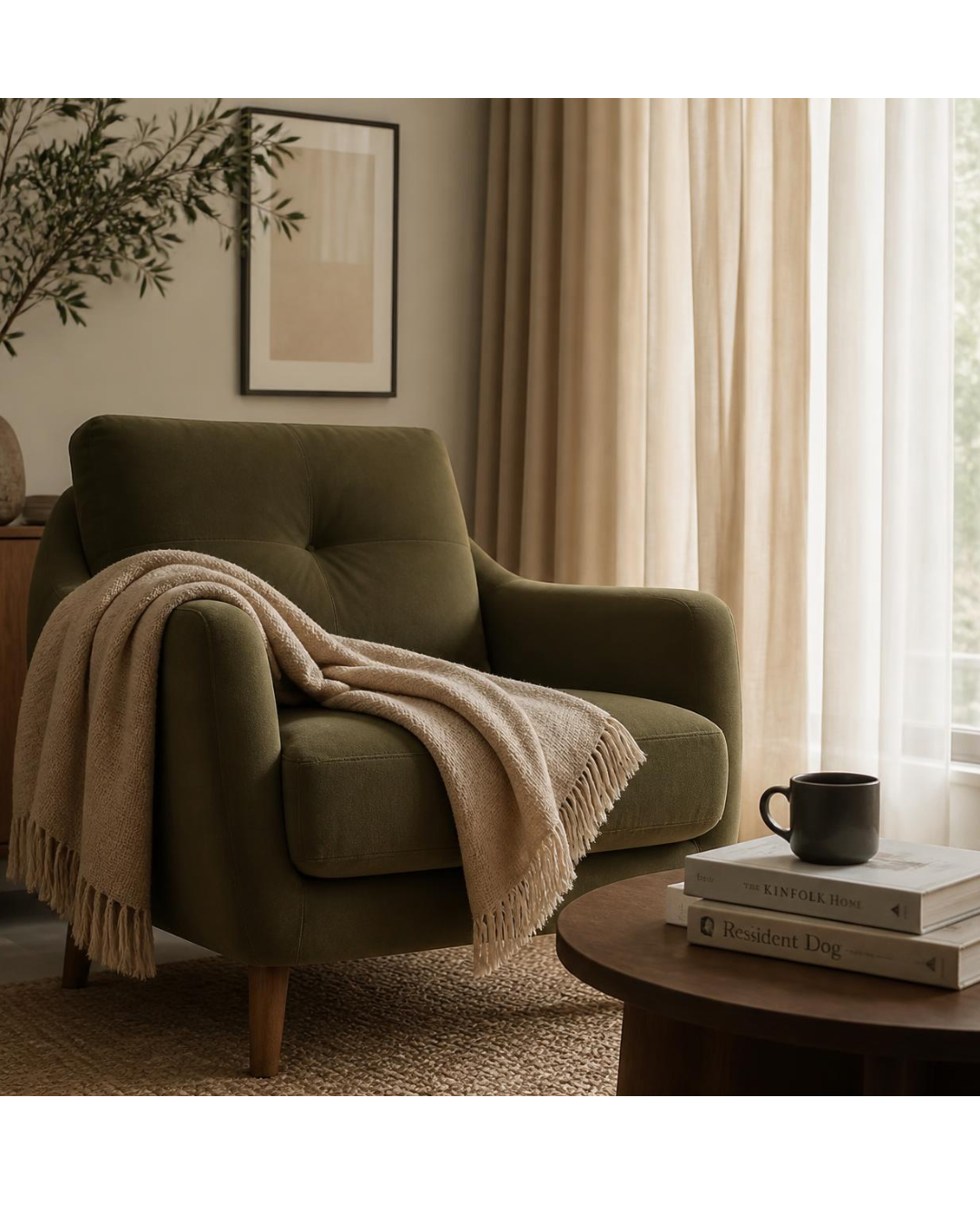 A cozy living room corner with a green armchair draped with a beige throw blanket, a wooden side table with a black mug and books, and beige curtains letting in soft natural light.