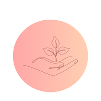 A line drawing of a hand holding a small plant with leaves, set against a red circular background.