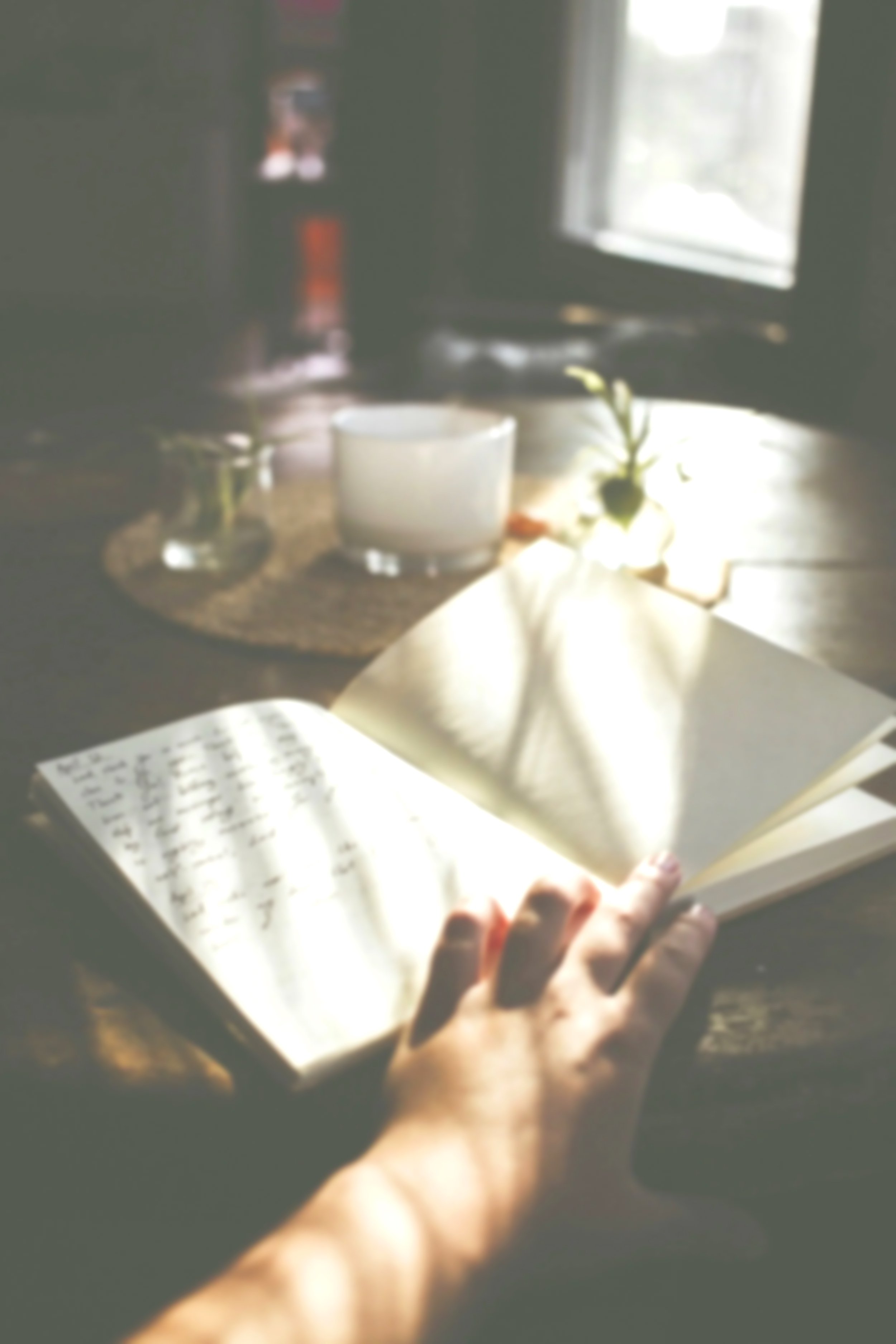 A person's hand holding an open notebook with handwritten text, with sunlight illuminating the pages. The background includes a table with a white mug, a small potted plant, and a computer monitor near a window.