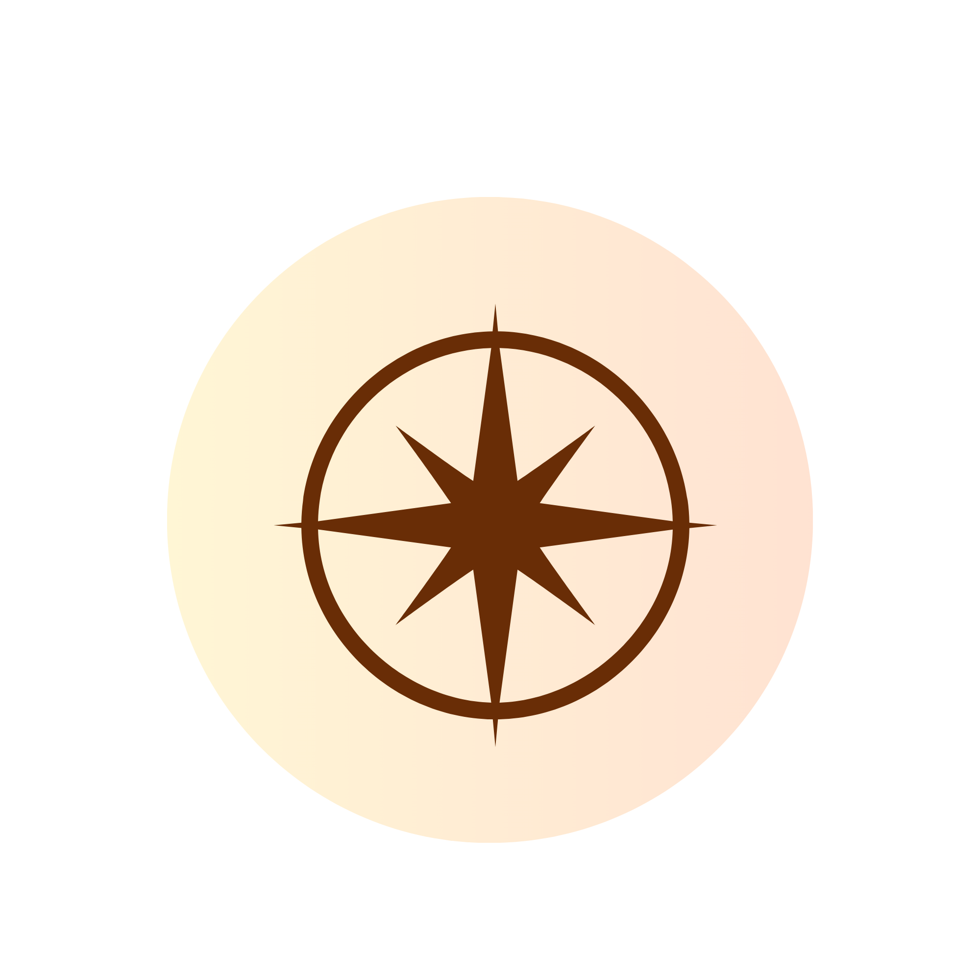 A stylized sun and a compass rose with a gradient background from yellow to orange.