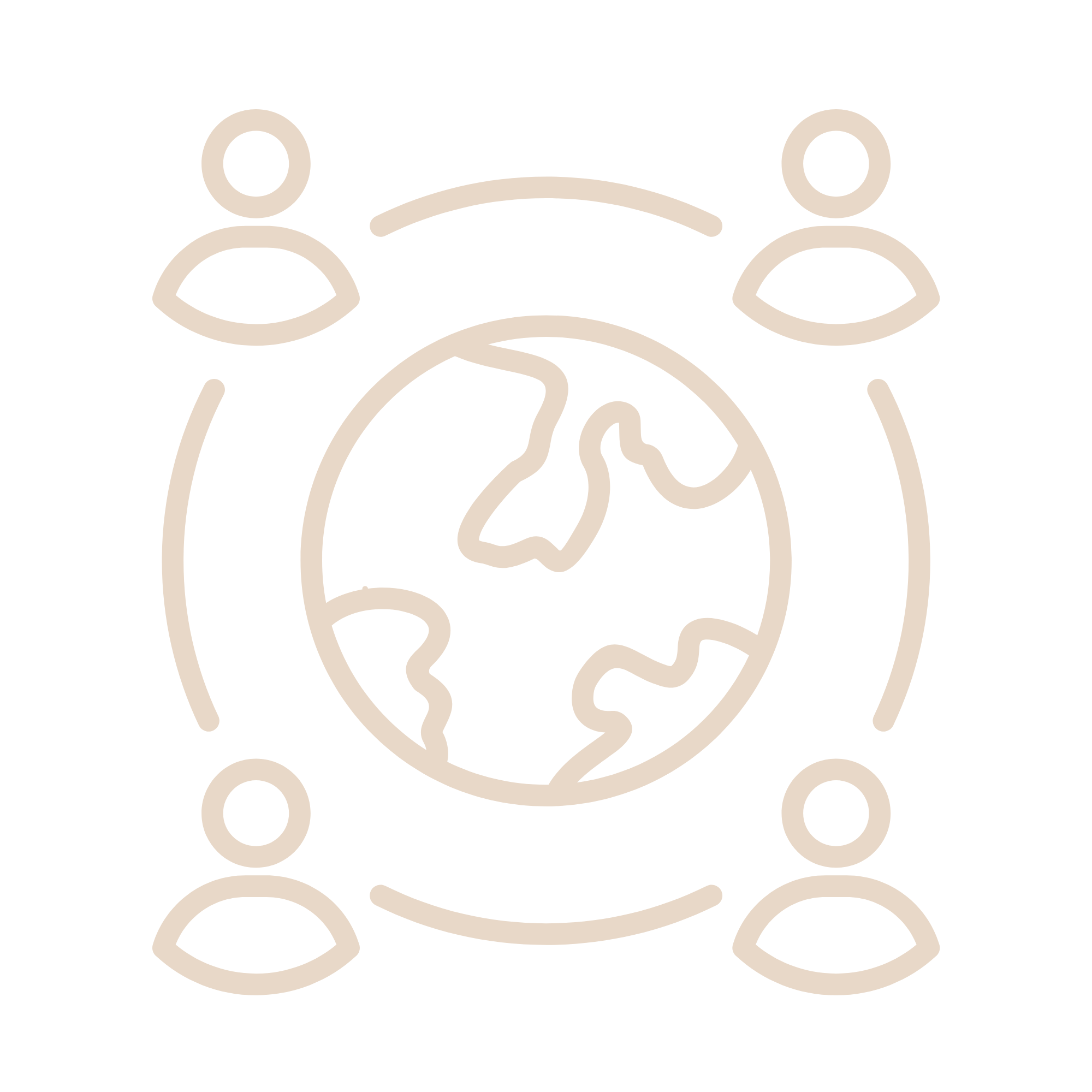Line drawing of two people connected with a dotted line, with a globe at the bottom and connected nodes surrounding them, symbolizing global connection or networking.