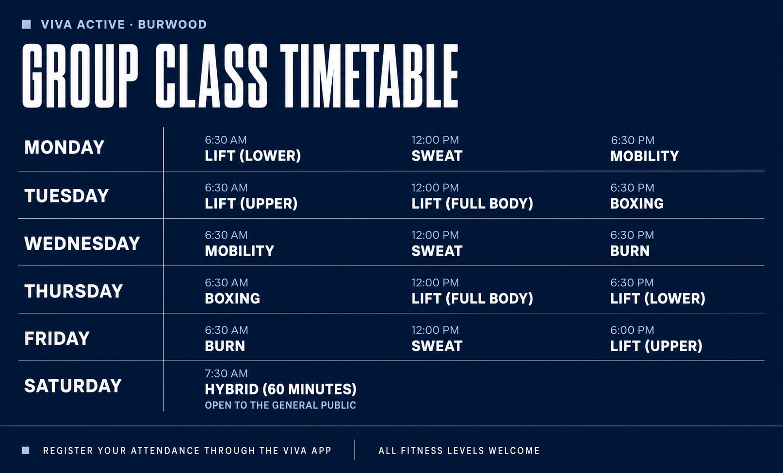 Weekly group class timetable for VIVA ACTIVE at Burwood, listing class types and times from Monday to Saturday.