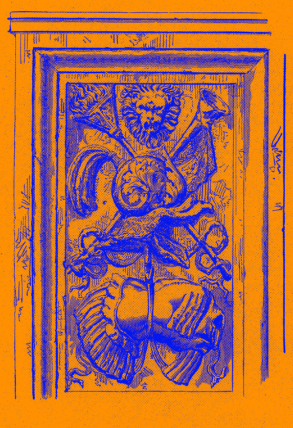 Sketch of a rabbi on a scalloped shell, with a lion above, wings and a sword, framed by a door or window with detailed borders.